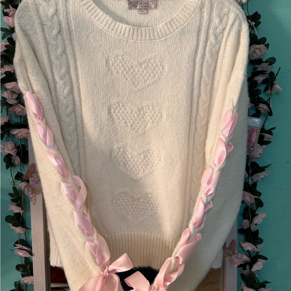Ivory Sweater with Pink Ribbon Accents